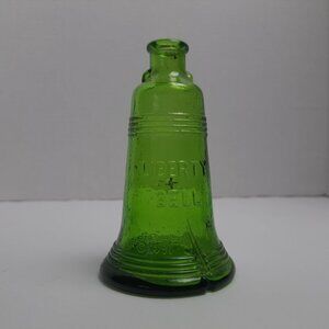 Wheaton Liberty Bell Decanter Green Glass Bottle Vintage 5" by 3" Patriotic Mini